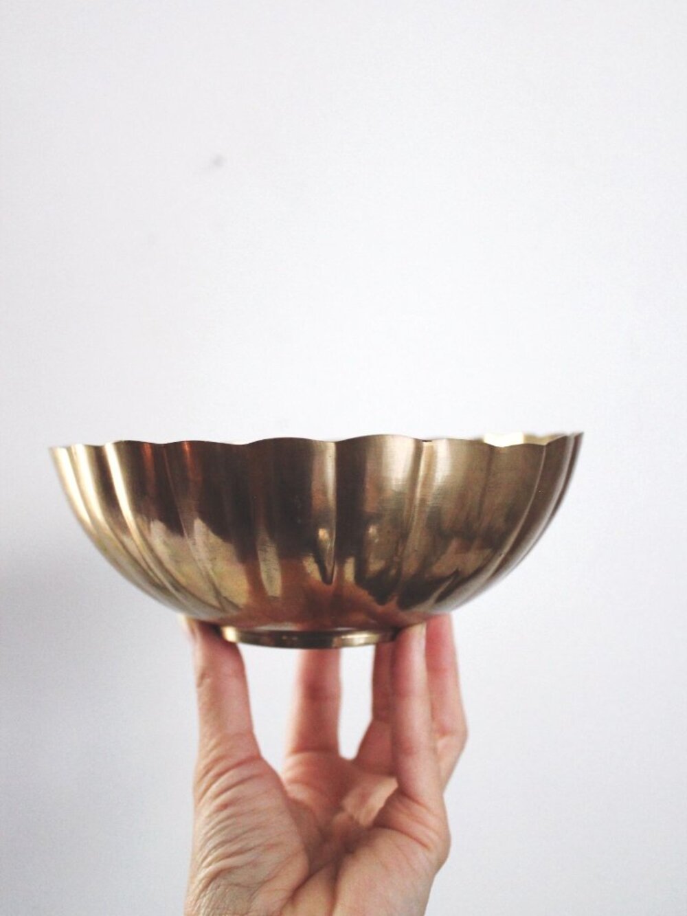 Vintage Brass Fluted Bowl Centerpiece Scalloped Trinket Dish Planter Mid Century